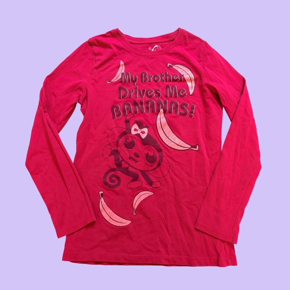 Y2K Pink My Brother Drives Me Bananas Monkey Graphic Baby Tee Scene Cute #17